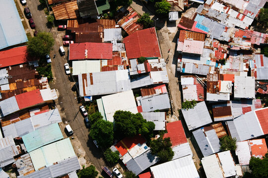 Aerial view of shanty houses with metal roofs