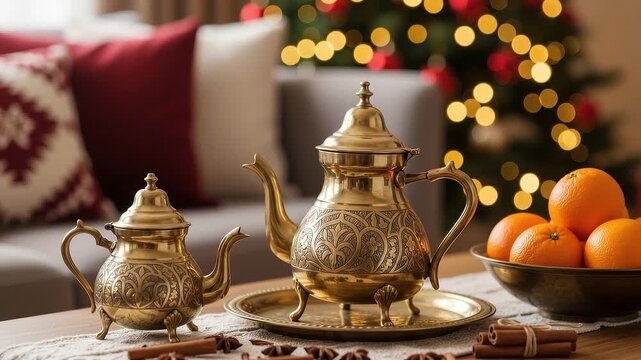 A seamless pattern moroccan tea set with oranges and cinnamon