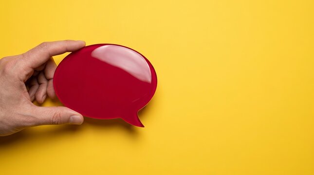 Hand holding a glossy crimson speech bubble against a bright yellow background, talk