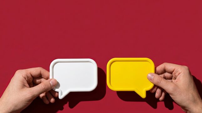 Two hands holding blank white and yellow speech bubbles against a red background, talk communication