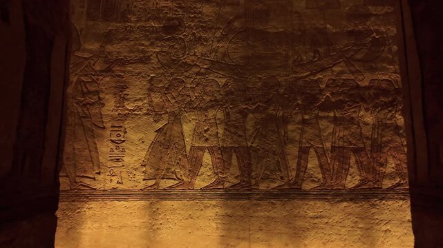 Ancient Egyptian Temple Interior with Hieroglyphics and Statues at Abu Simbel