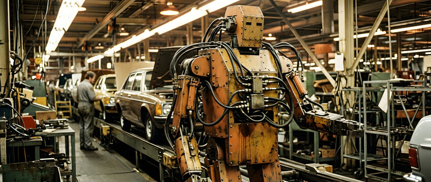 Vintage industrial robot working on an old automotive assembly line in a factory