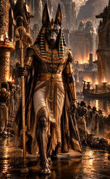 Anubis, dios egipcio de los muertos y guardi&aacute;n del inframundo, caminando entre almas y templos ancestrales en una escena hiperrealista de luz dorada y atm&oacute;sfera m&iacute;stica del Antiguo Egipto