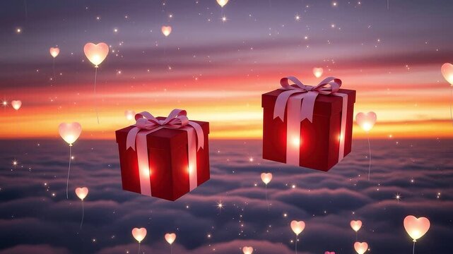 A seamless pattern romantic gift boxes floating in the sky with heart balloons