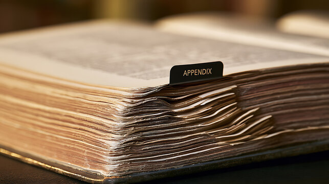 Close-up of an open reference book with an appendix index tab marker on aged paper pages for research study education and academic concept