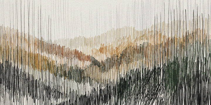 Abstract brushstroke landscape with vertical lines and textured hills