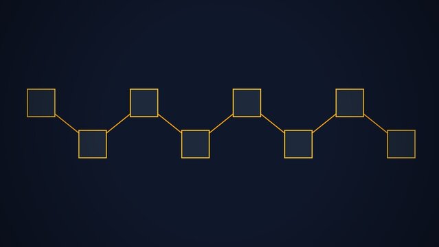 A sequence of five dark blue square icons connected by thin yellow diagonal lines, forming a zigzag pattern against a dark navy blue background