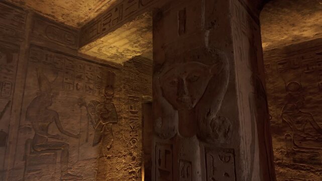 Ancient Egyptian Temple Interior with Hieroglyphics and Statues at Abu Simbel