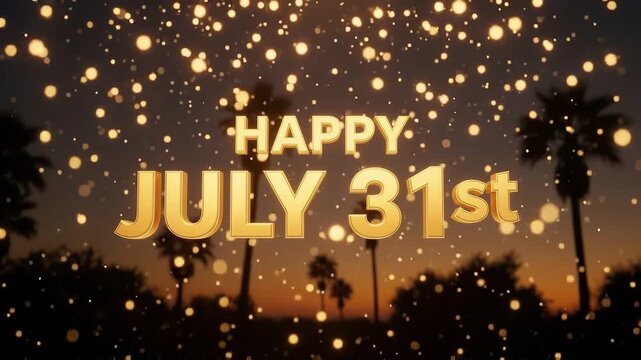 A seamless pattern happy july 31st text over palm trees and golden sparkles