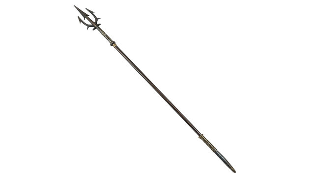 An ancient medieval iron spear trident weapon sharp prongs isolated on transparent background
