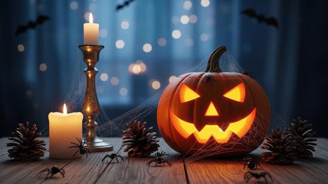 A seamless pattern halloween pumpkin jack o lantern with candles and spiders