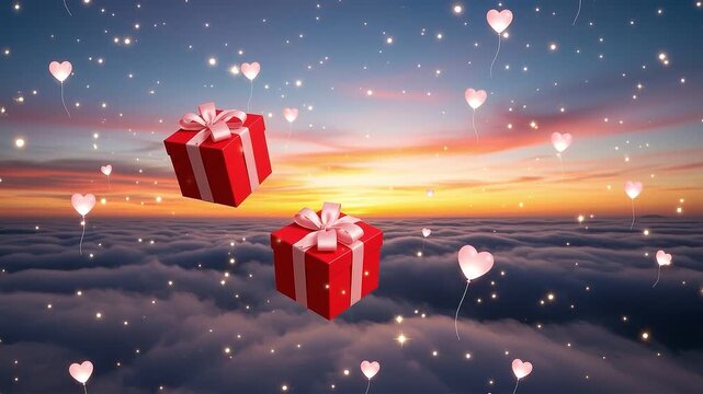 A seamless pattern red gift boxes floating in the sky