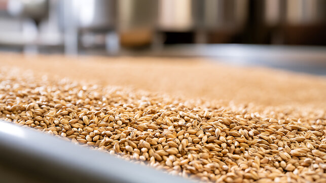 Close up of malted barley grains, Hordeum vulgare, spread on a metal surface inside a craft brewery production facility for process