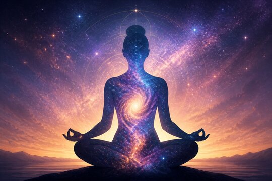 Seated figure meditating with galaxy spiral integrated in torso