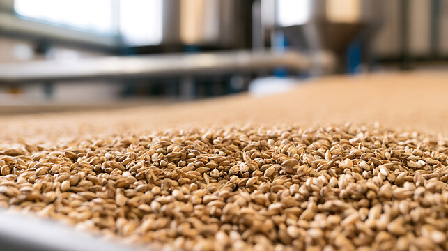 Close up view of malted barley grains spread out inside a modern craft brewery facility ready for the mashing process in beer production