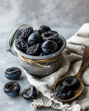 Rustic food photography of dried plums and fresh plums, prunes spilling from a glass jar