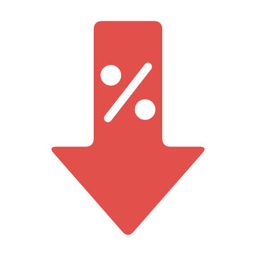 Red down arrow with percent sign for price drop, shopping clipart isolated on white background