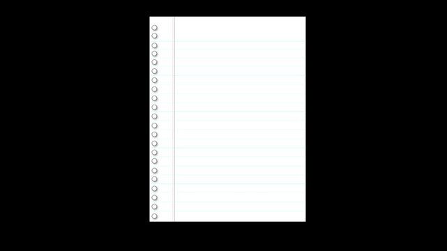 Modern lined notebook paper sheet sliding in and out loop, elegant school stationery element for professional educational video editing and motion graphics design on black background. 4k video