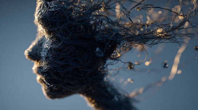 Abstract human profile dissolving into tangled dark neural threads, symbolizing mental overload, anxiety, emotional stress, fragile identity, cognitive strain and inner turmoil concept.