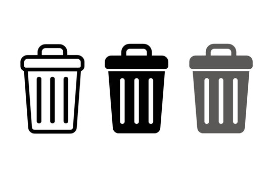 Wastebasket icon set with outline and solid bin designs
