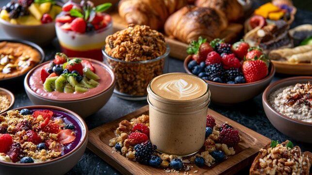 A colorful breakfast buffet composition featuring coffee smoothie served alongside smoothie bowls, yogurt parfaits, granola stations, fruit platters, whole-grain pastries, overnight oats