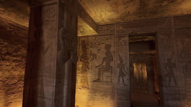 Ancient Egyptian Temple Interior with Hieroglyphics and Statues at Abu Simbel