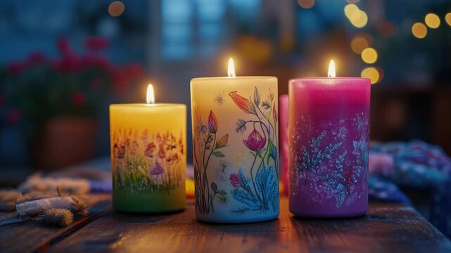 Three lit candles on wooden table