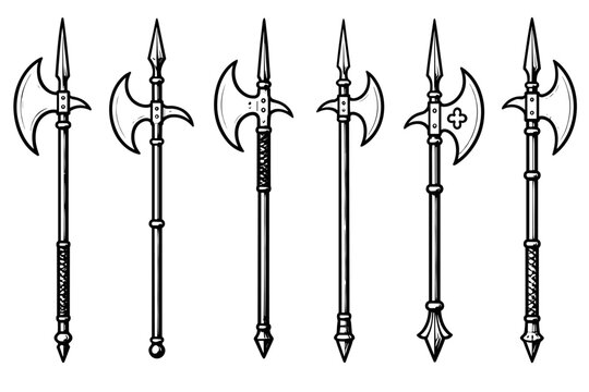 Fantasy polearms with crescent axe blades and spear tips