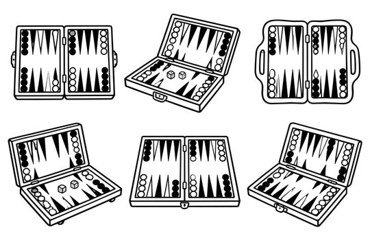 Backgammon boards with checkers and dice in line art
