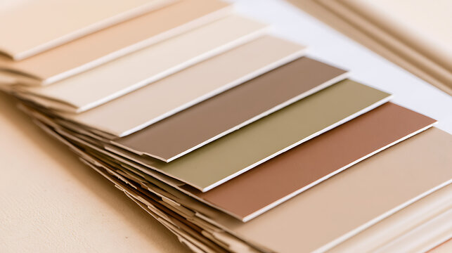A fan deck of color swatch samples showcasing various neutral earth tones and pastel shades for interior design and home decor projects