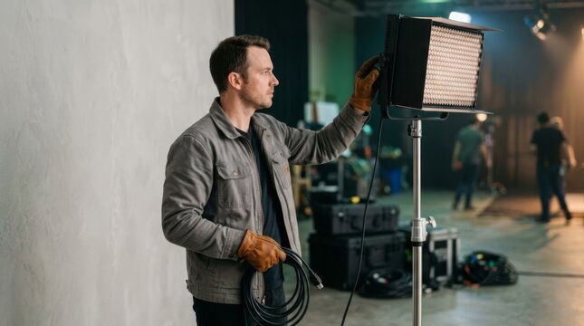Professional Gaffer Adjusting LED Lighting Panel on Film Set for Movie Production to Ensure Perfect Illumination for Cinematic Quality and Visual Storytelling