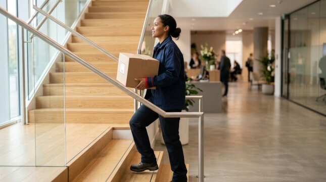 Courier carrying a delivery box up modern wooden staircase in a professional office lobby, representing reliability and efficient logistics services in a corporate environment