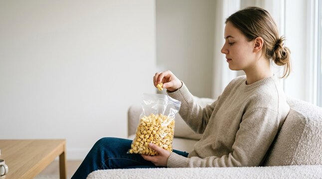 Young woman eating popcorn from a transparent unbranded bag while sitting on a textured boucle couch in a bright modern home living room with side copy space
