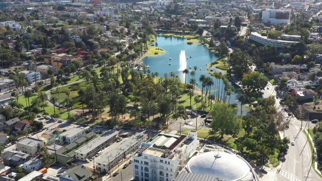 Aerial view of Echo Park Lake and fountain in Los Angeles