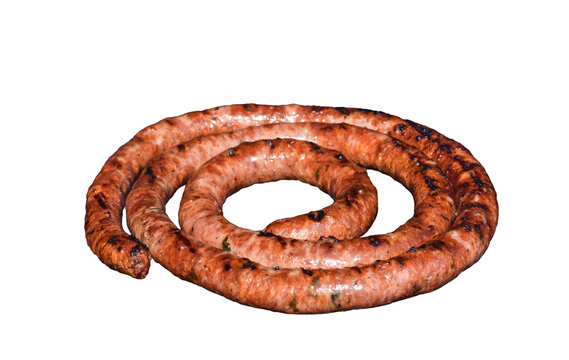 Spiral shaped grilled Chevalatta pork or beef sausage with grill marks isolated cutout on transparent background