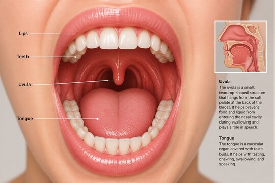 Open mouth showing tongue uvula and teeth anatomical view