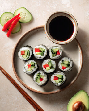  Top view of fresh vegan sushi rolls arranged on a ceramic plate, sushi made with raw cauliflower rice and nori 