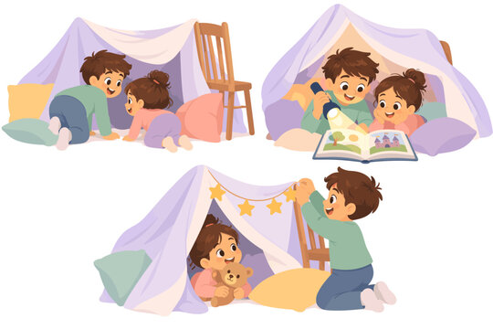 Children build a blanket fort, read together by flashlight, and decorate their cozy hideaway