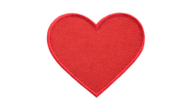 A bright red fabric heart shaped patch badge isolated on transparent background