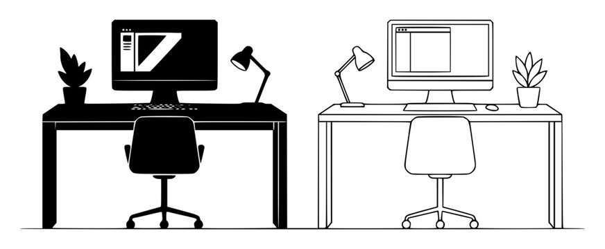 Two desks with computers displayed set with simple line art design featuring simple design, minimalist, black and white with illustrations and graphics