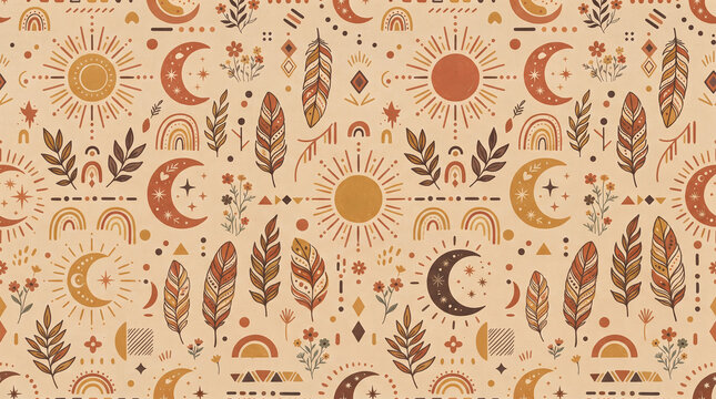 Seamless boho pattern featuring abstract suns, moons, leaves, feathers, small flowers and geometric ornaments 