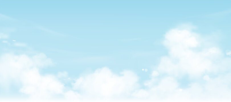 Sky Cloud Background, Summer Blue Sky White Cloudy Fields, Banner Vector Horizon Clear Sky Before Sunset Over Beach, Spring Weather Landscape Sunrise of Nature Sunlight, Art Cartoon Illustration