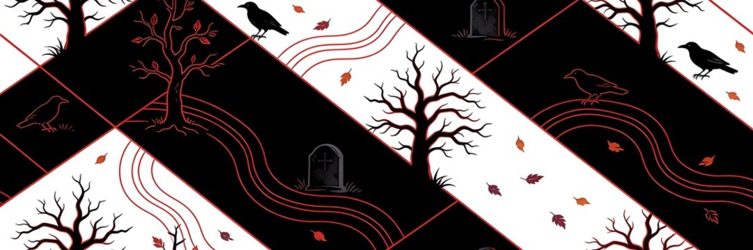 A seamless Halloween pattern of wavy hand drawn red lines on black forms angular panels with hidden tombstones bare trees crows and falling leaves ,Halloween web banner