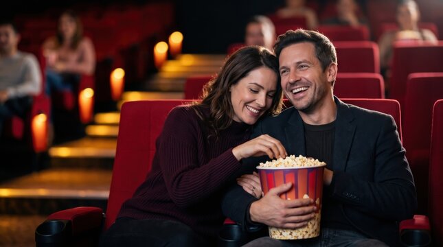 Smiling adult couple shares a striped bucket of popcorn in red cinema seats during a relaxed movie date, enjoying laughter and close connection