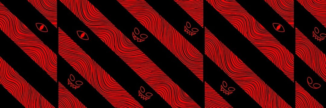 A seamless Halloween pattern of wavy hand drawn crimson lines on black forms angular panels with hidden watching eyes and jagged grinning mouths ,Halloween web banner