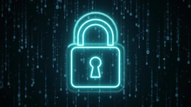 Glowing blue padlock icon shines brightly against a dark background filled with falling digital binary code representing modern cybersecurity data protection and internet privacy concepts