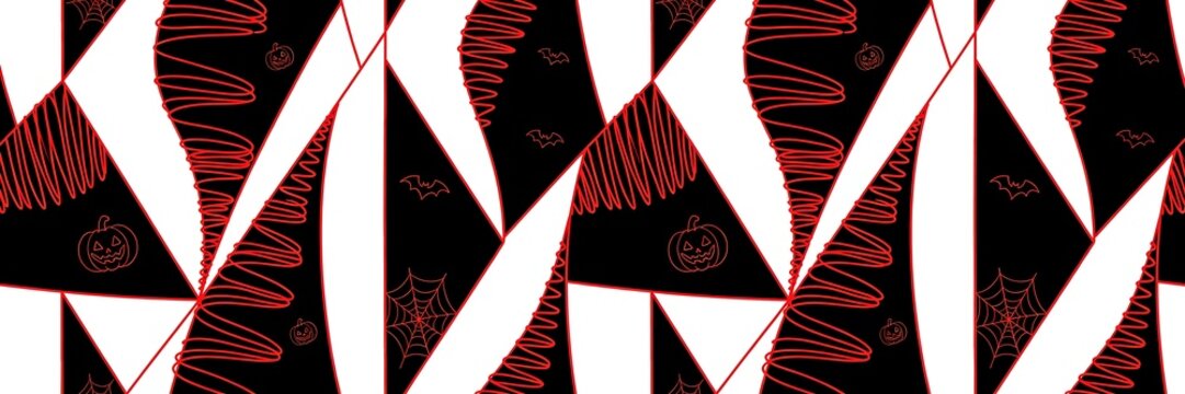 A seamless Halloween pattern of wavy hand drawn crimson lines on black forms angular panels with hidden bats spiderwebs and pumpkin outlines ,Halloween web banner