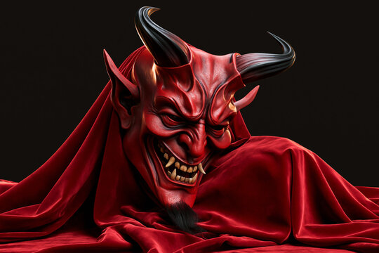 Red devil demon mask with black horns and red velvet drapery