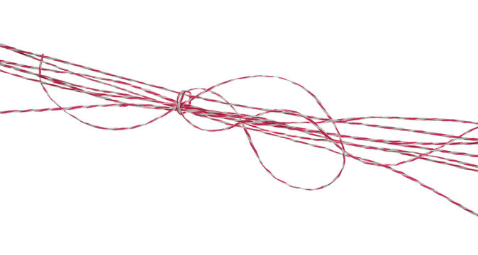 Red and white twisted postal twine net isolated on white background