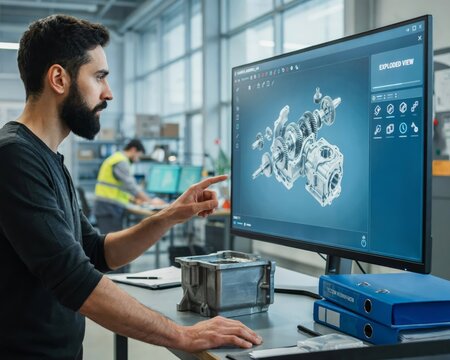 Mechanical engineer examining a 3d exploded view of a gearbox assembly on a computer monitor in a modern industrial workshop